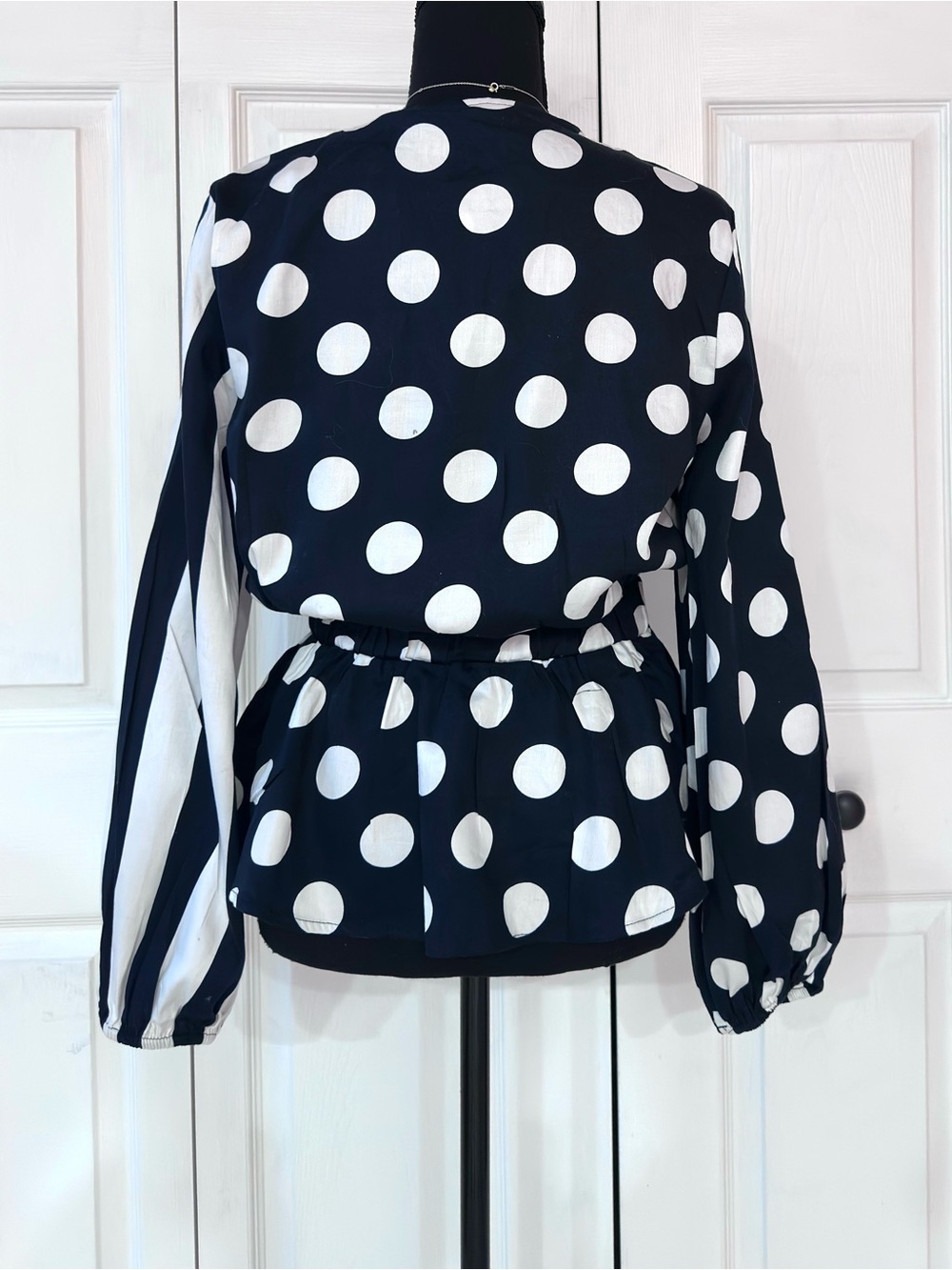 New York & Company Black and White Polka Dot & Stripe Top w/Elastic Tie Waist - Picture 5 of 9
